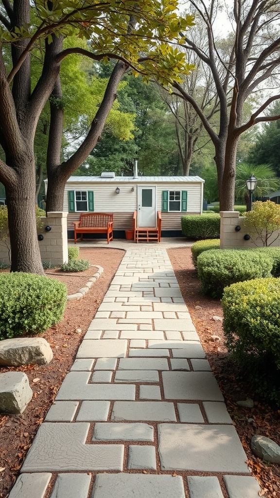 A well-designed landscape featuring a paved stone pathway leading to a mobile home, surrounded by greenery and trees.