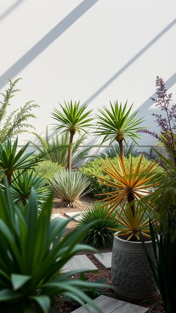 A low-maintenance landscape featuring various green and yellow plants with stone pathways.