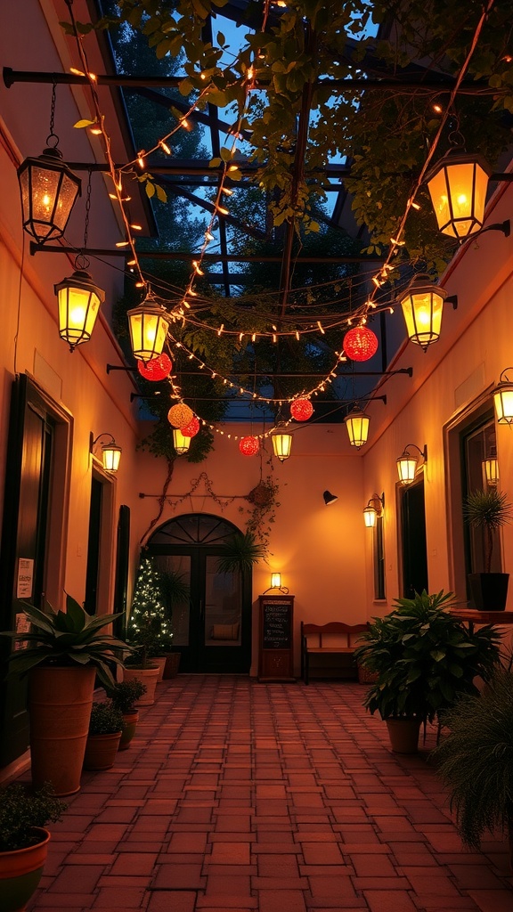 A well-lit small courtyard featuring hanging lanterns and string lights, surrounded by greenery.