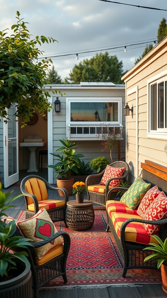 Cozy outdoor seating area with vibrant chairs, colorful cushions, and plants.