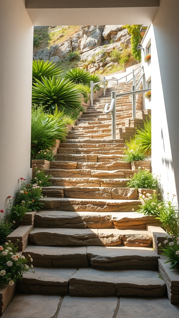 Stone steps leading up a hillside with lush greenery and flowers