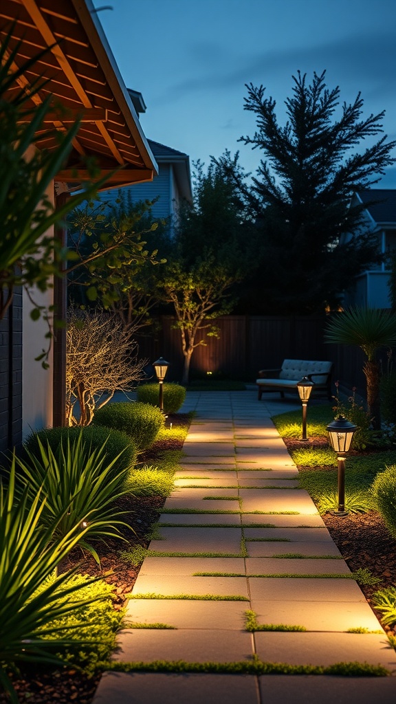 A well-lit garden pathway featuring lanterns and greenery at dusk.