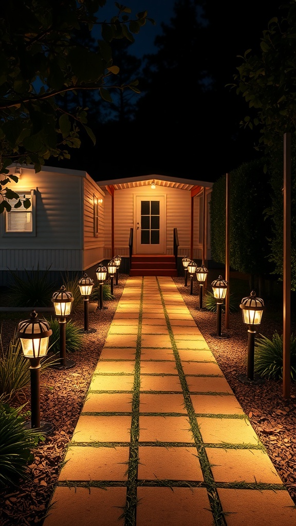 A lit pathway leading to a mobile home, with lanterns lining the path.