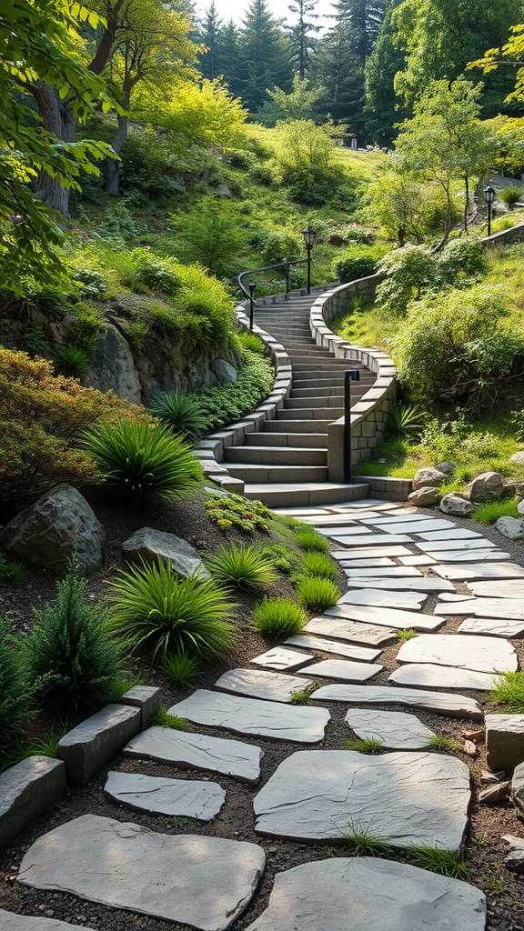 A winding stone pathway navigates a steep hillside, surrounded by lush greenery and plants.