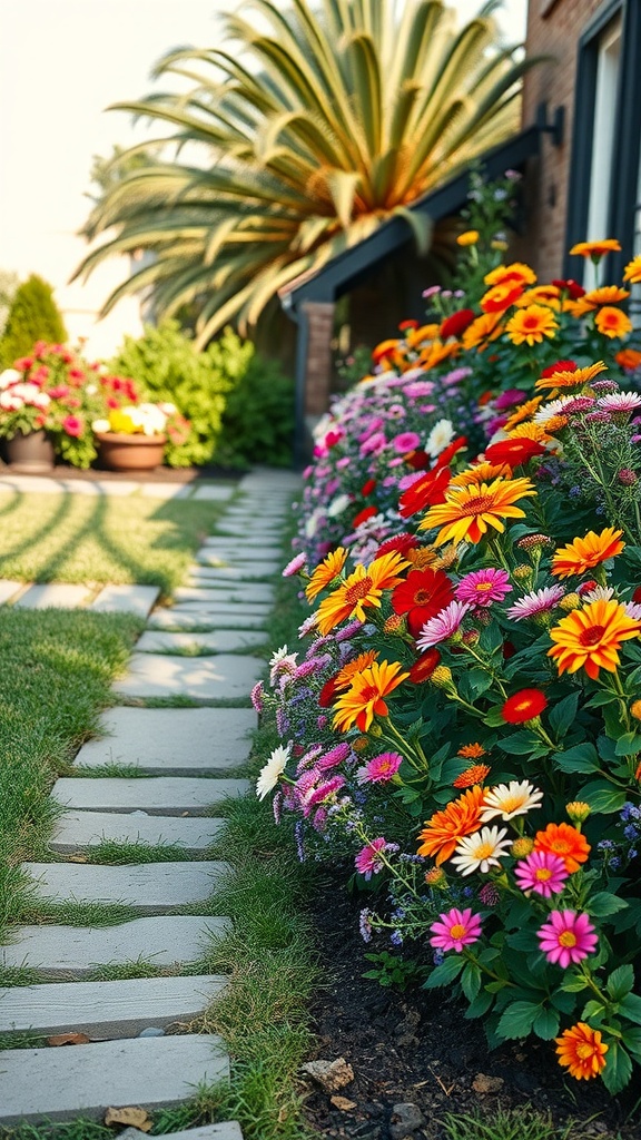 Vibrant perennial flower borders with colored flowers and a stone pathway