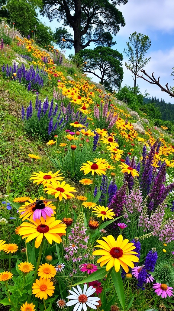 A colorful hillside garden with various flowers and bees, featuring a small American flag.