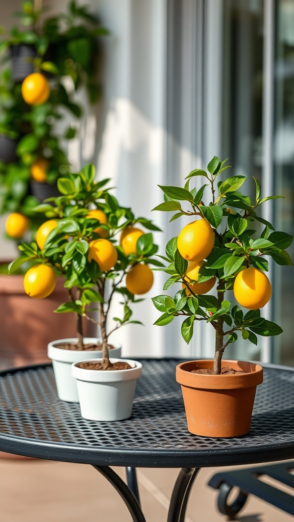 Potted miniature lemon trees on a table with vibrant yellow lemons.