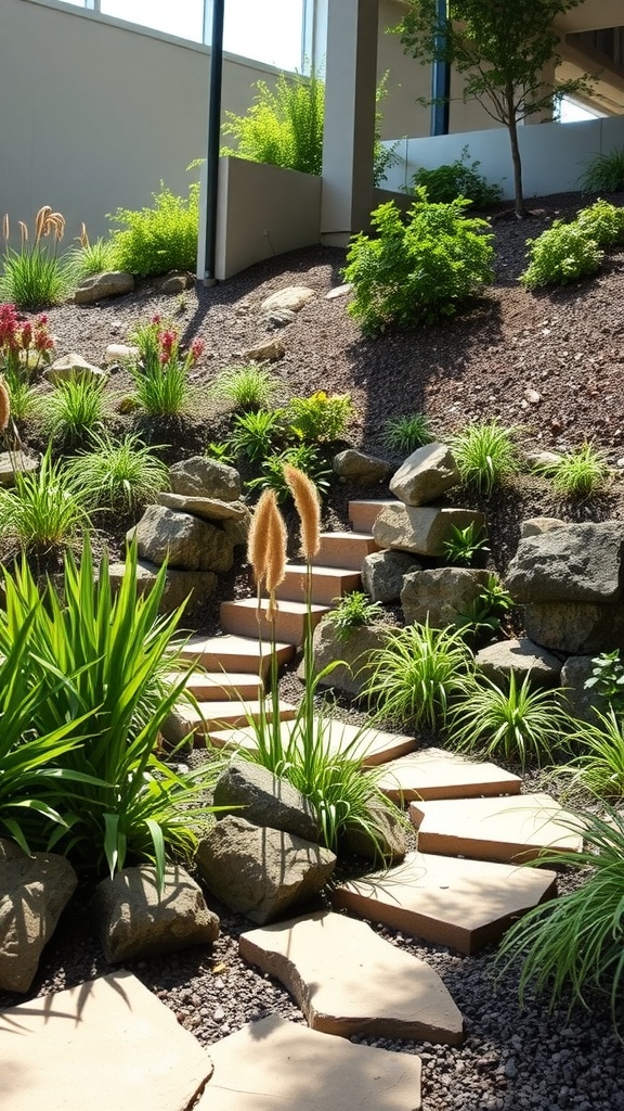 Rain garden on a steep hillside with stone pathways and lush greenery