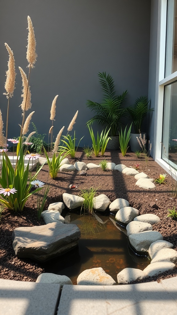 A rain garden with a small pond, surrounded by tall grasses and flowers, perfect for stormwater management.