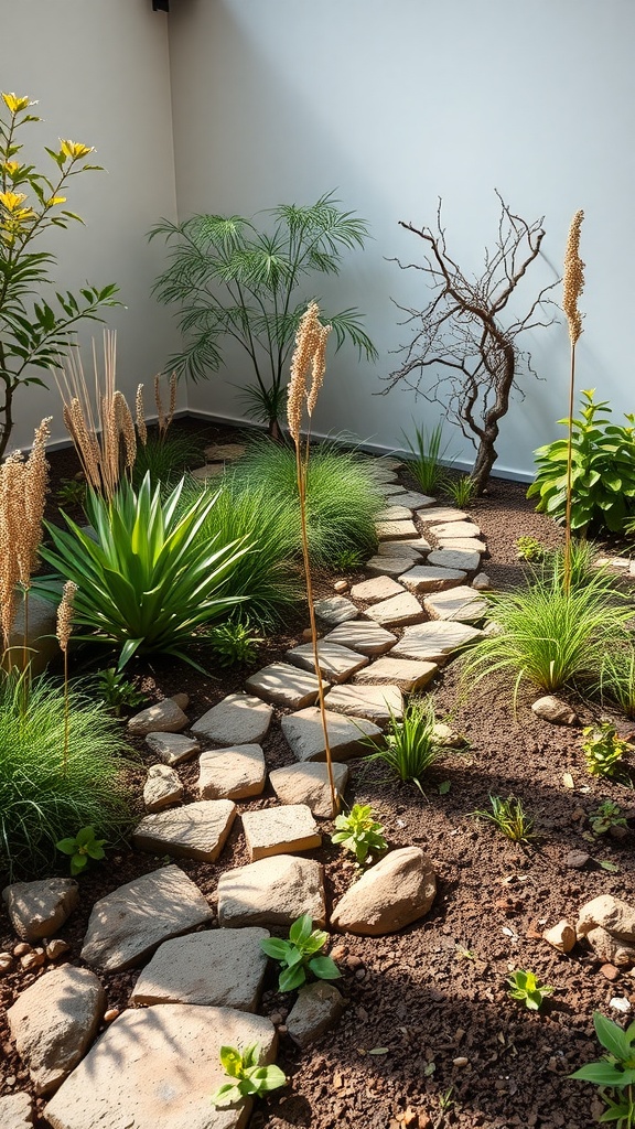 A rain garden with a stone pathway and various plants, designed for water management.