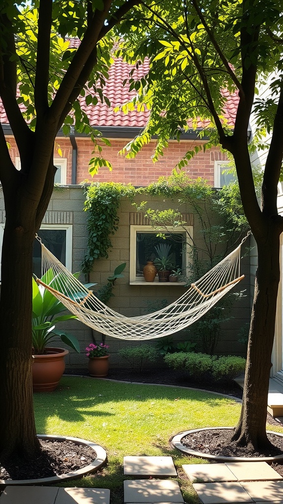 A serene small courtyard featuring a hammock nestled between two trees, surrounded by greenery and potted plants.