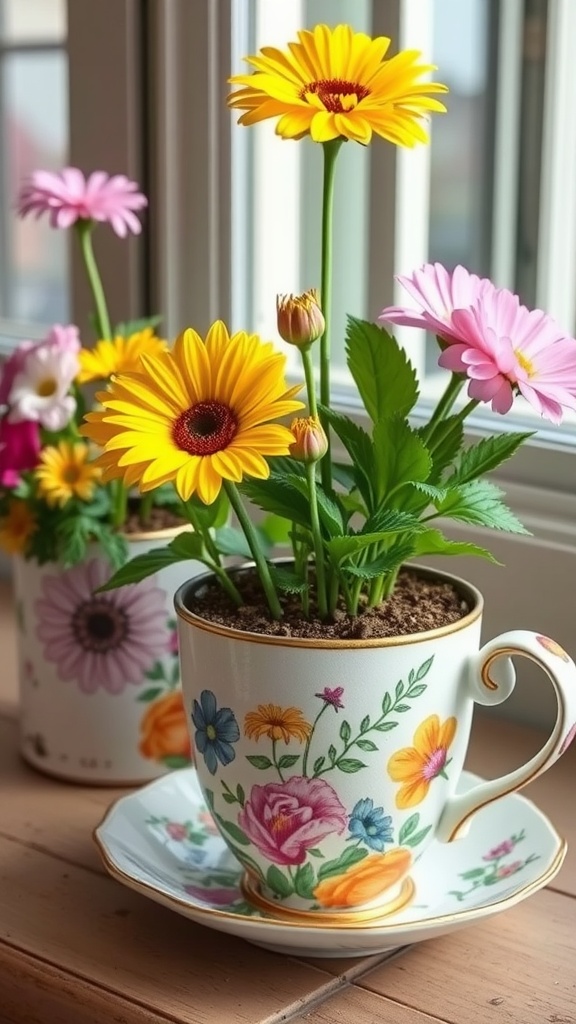 A sunny table with various repurposed containers, including a teacup and metal cans, filled with colorful flowers.