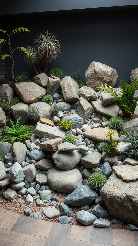 A beautifully arranged rock garden featuring various sizes of stones and green plants.