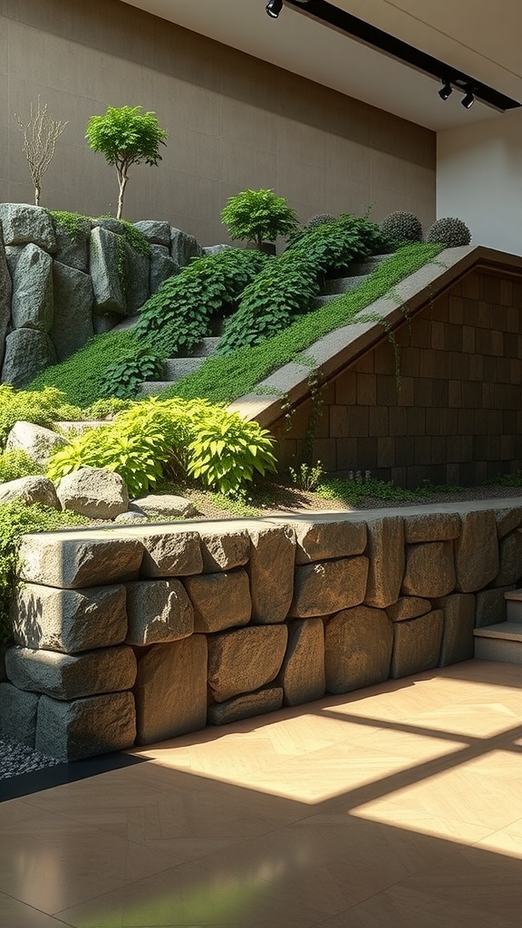 A rock retaining wall with lush greenery on a steep hillside.