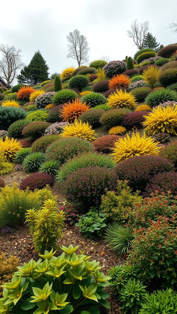 A colorful landscaped hillside featuring a variety of plants in orange, yellow, and purple hues.