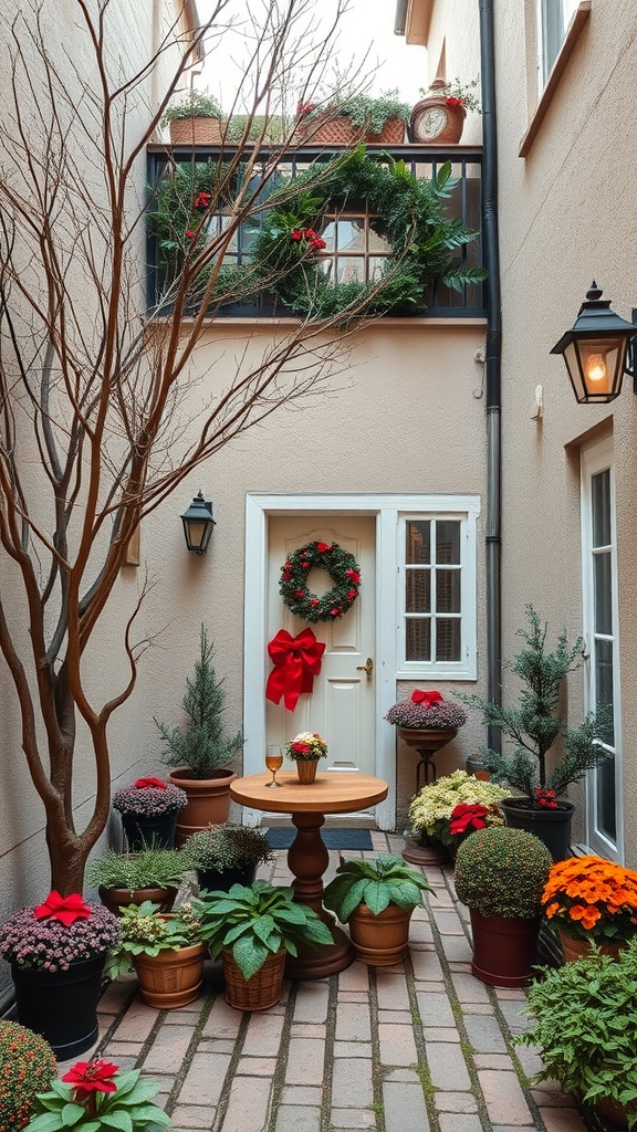 A cozy courtyard decorated for the season with potted plants, a wreath on the door, and a wooden table.