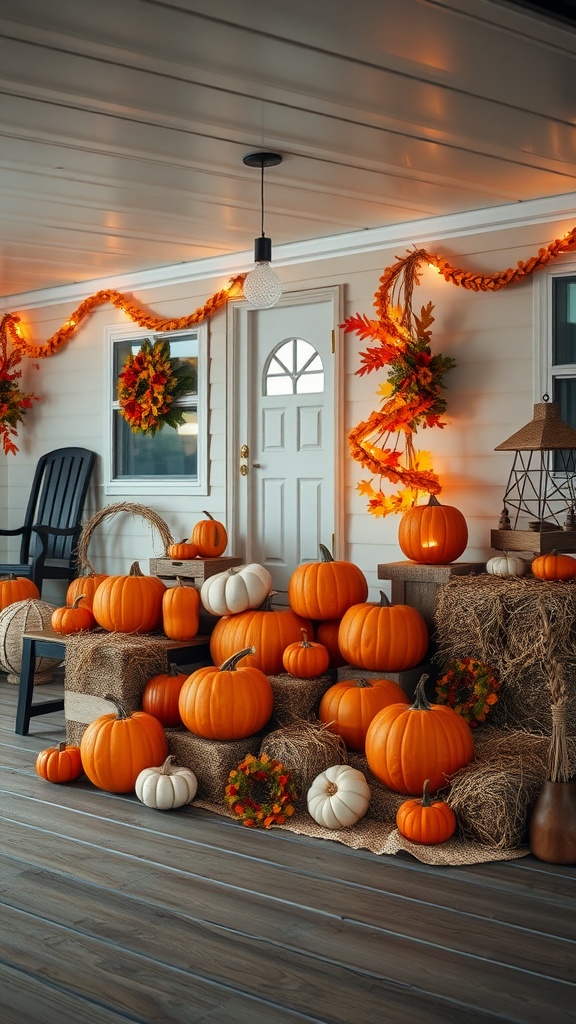 A mobile home porch decorated with pumpkins and autumn wreaths for fall