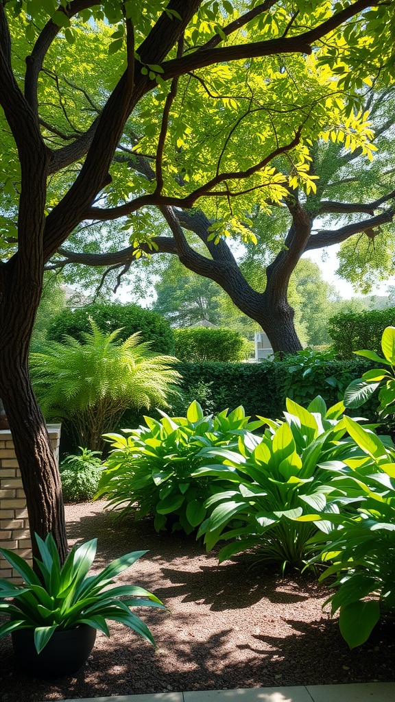 A garden with large leafy plants and trees providing shade.