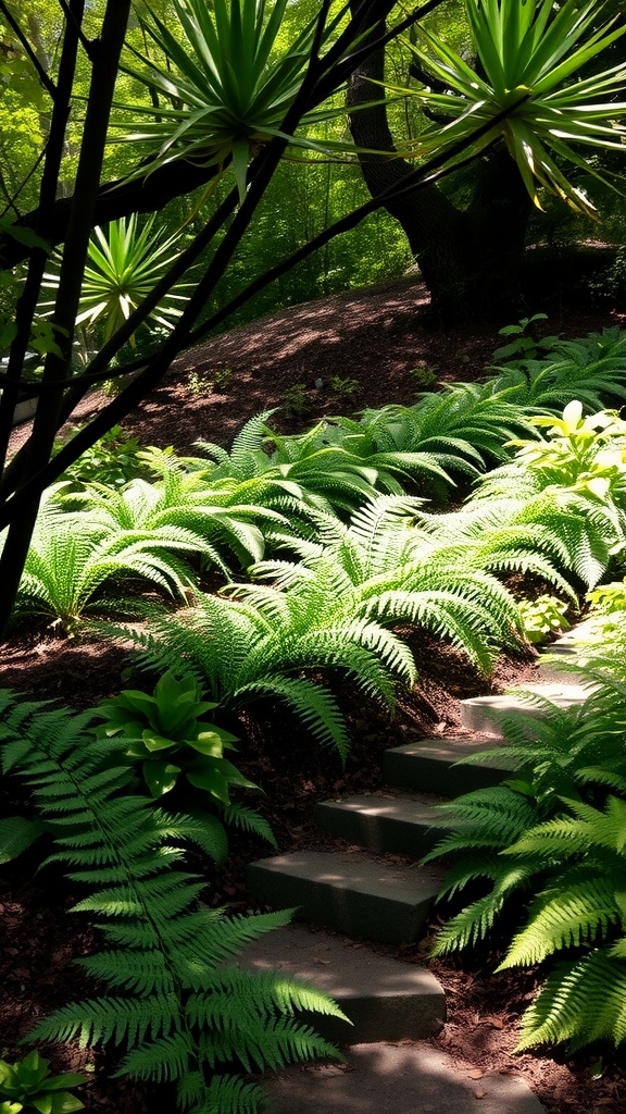 A serene shade garden with a winding path, lush ferns, and tropical palms in a hillside setting.