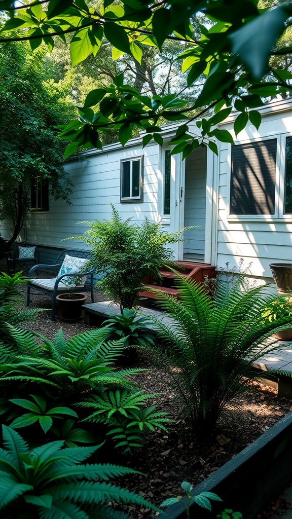 A cozy shade garden with a mobile home in the background, featuring lush ferns and comfortable seating.