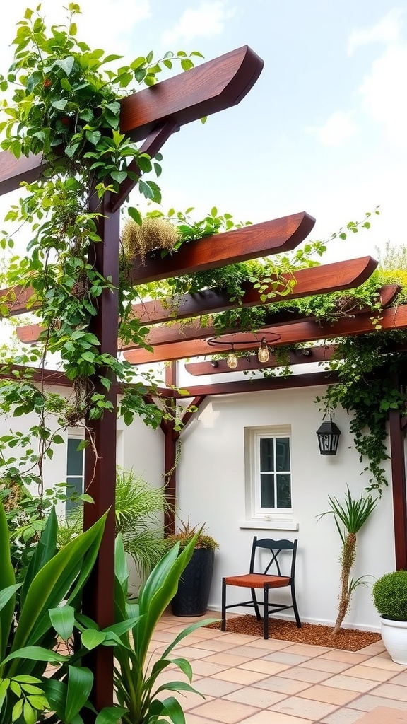 A well-lit courtyard featuring a wooden pergola covered with lush green plants, showcasing an inviting atmosphere.