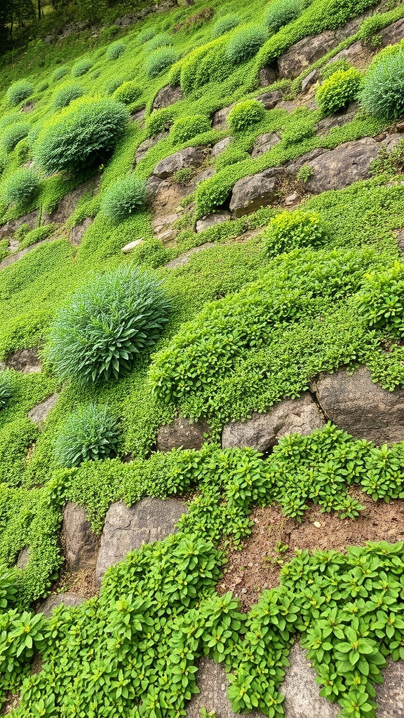 Lush green hillside with ground cover plants