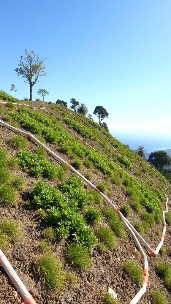 A landscaped steep hillside with sandy layers and various plants, demonstrating slope stabilization techniques.