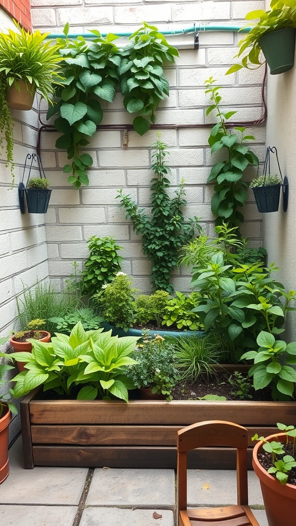 A small courtyard with a vibrant herb garden, featuring lush green plants in wooden planters and hanging pots, creating a cozy and inviting space.