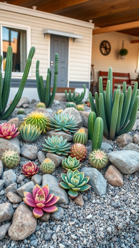 A beautifully arranged succulent rock garden in front of a mobile home.