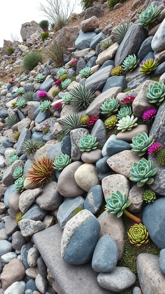 A beautifully arranged succulent rock garden featuring various rocks and succulent plants.