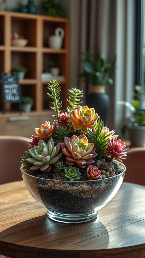 A glass terrarium filled with colorful succulents sitting on a wooden table.