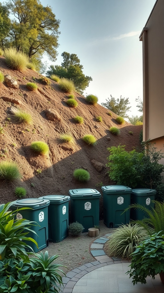 A steep hillside landscaped with native plants and waste collection bins