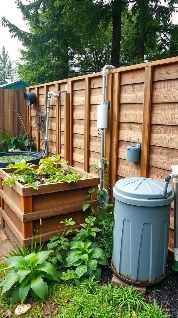 A sustainable landscaping setup with rainwater collection, compost bins, and native plants.