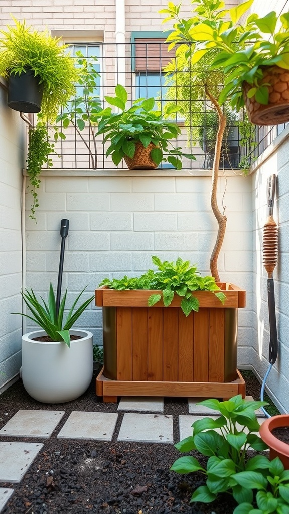 A small courtyard with a wooden compost bin and various plants