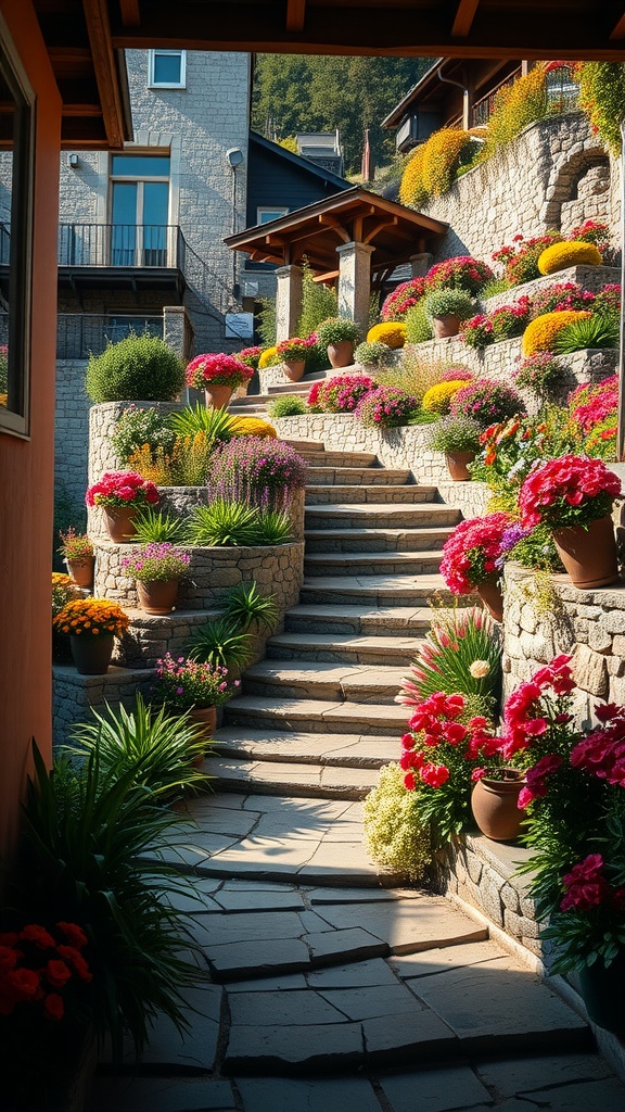 Beautiful terraced garden with colorful flowers and stone steps