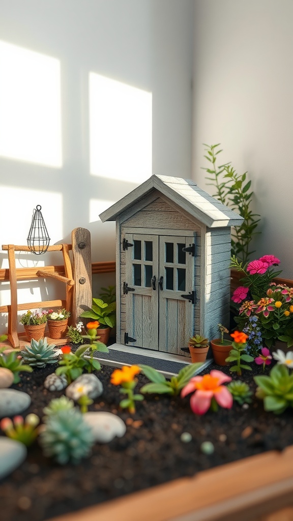 A charming tiny garden shed surrounded by vibrant flowers and plants.