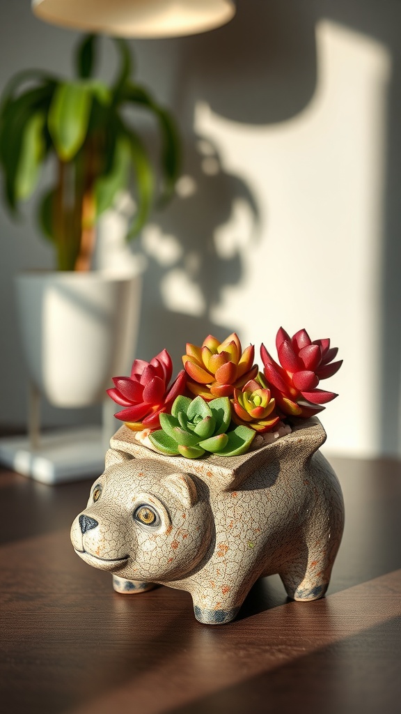 A cute bear-shaped planter filled with colorful succulents, set on a wooden table with sunlight filtering through nearby plants.