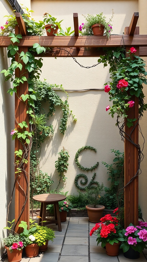 A small courtyard featuring a wooden trellis with climbing plants and colorful flowers in pots.