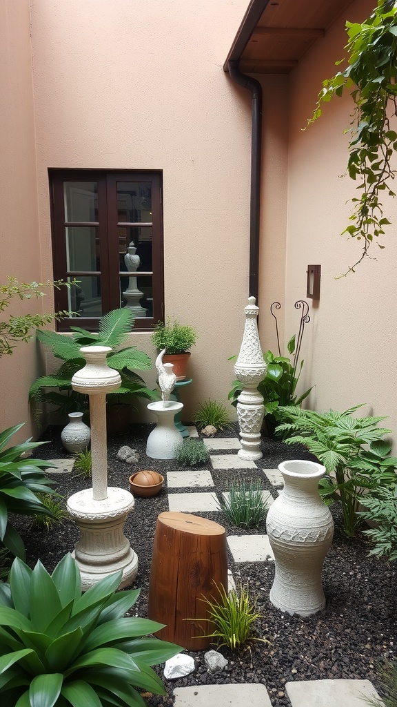 A small courtyard featuring unique garden sculptures, lush greenery, and a pebbled pathway.