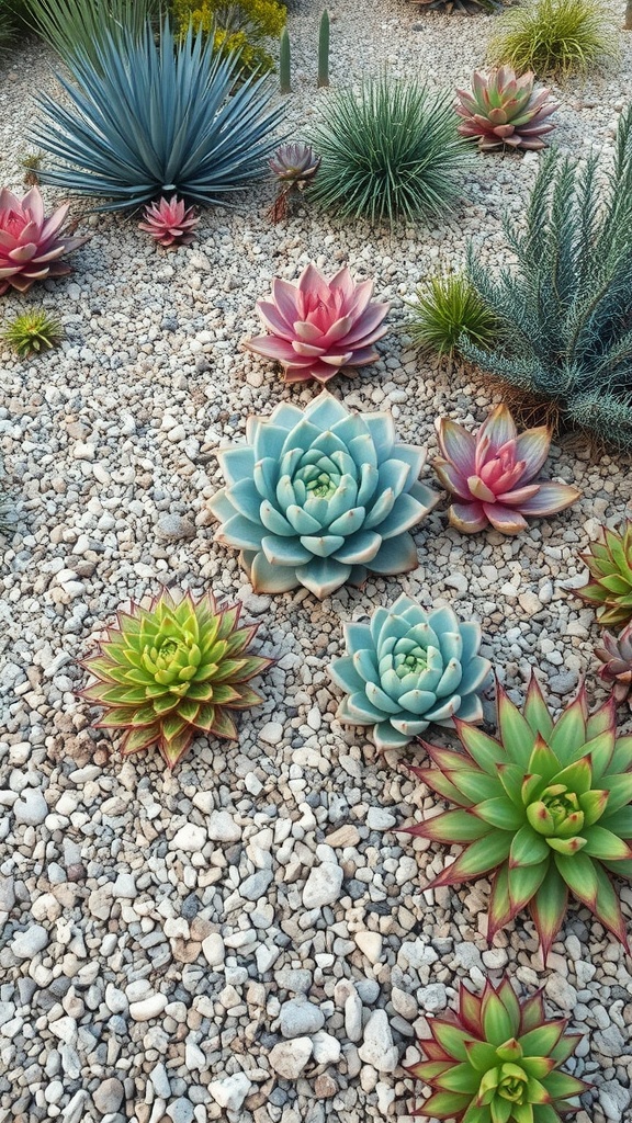 A low maintenance landscape featuring succulents and cacti arranged among gravel.