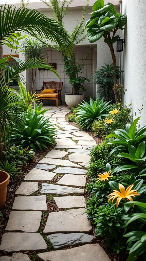 A beautiful stone pathway surrounded by lush green plants and yellow flowers.