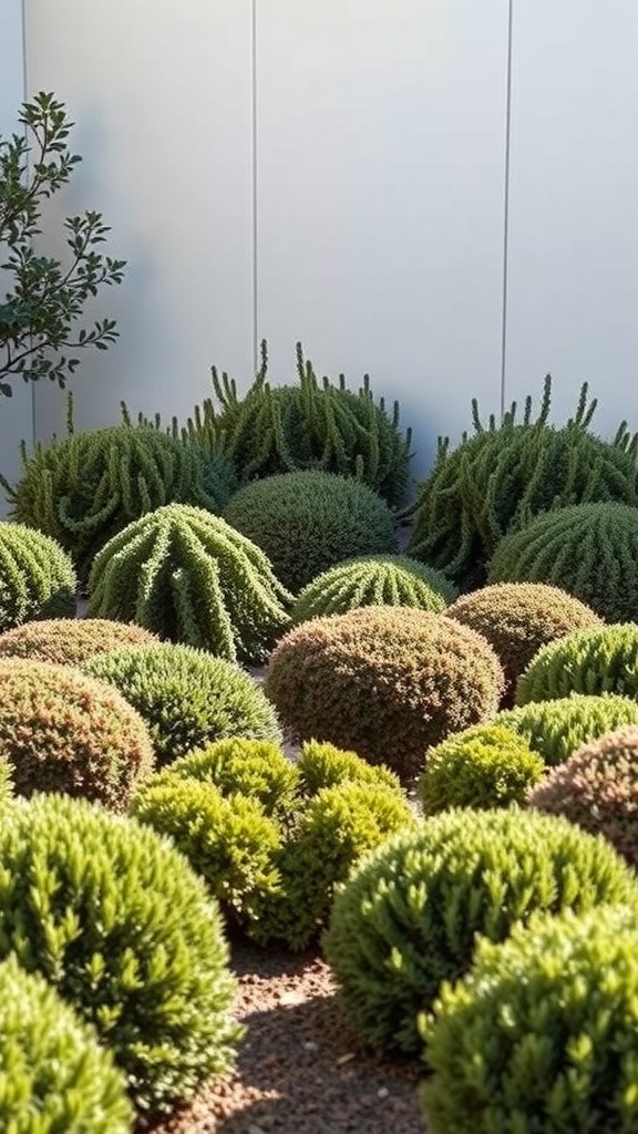 An arrangement of hardy shrubs with various shapes and sizes, showcasing a low-maintenance landscape design.