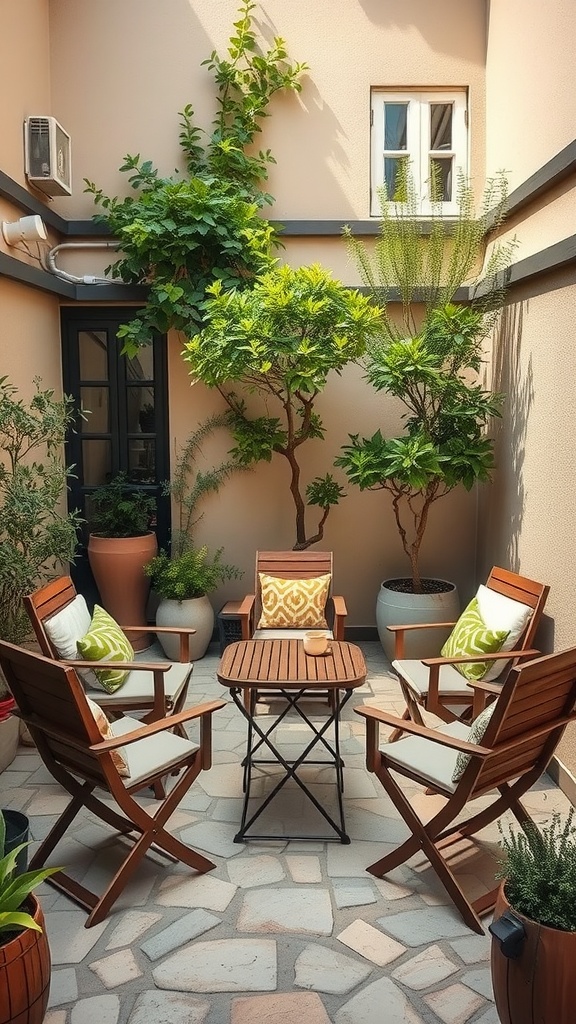 A small courtyard featuring foldable wooden chairs and a small round table surrounded by plants.