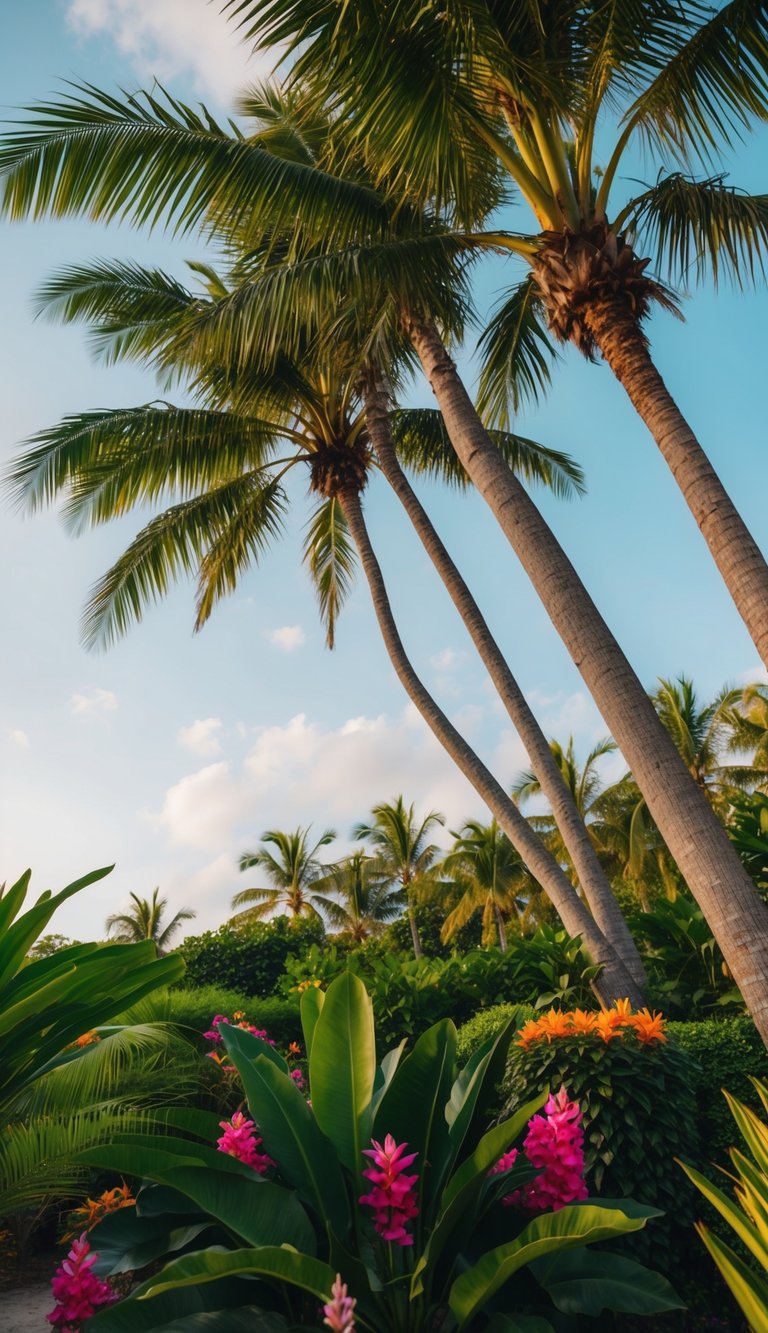 Lush palm trees sway in the gentle breeze, surrounded by vibrant flowers and exotic plants, creating a tropical paradise