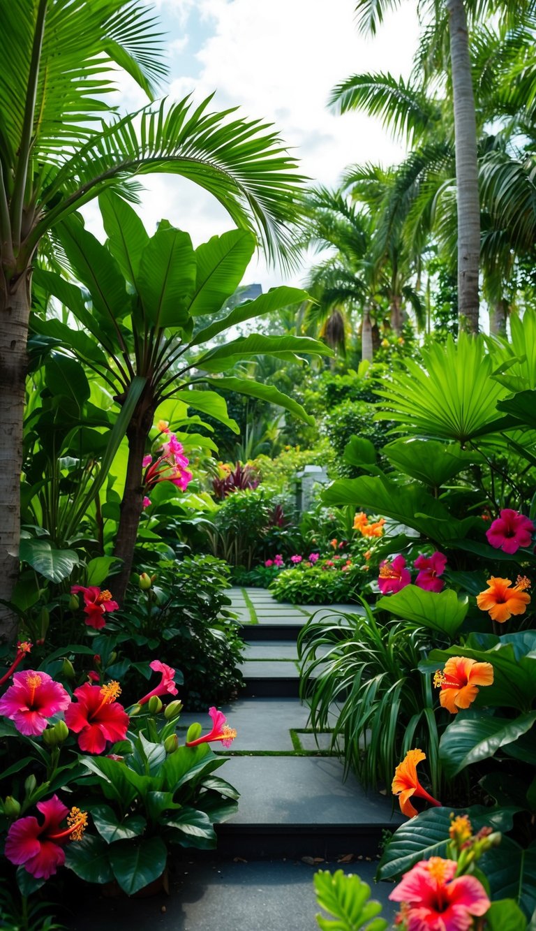 A lush tropical garden filled with vibrant hibiscus flowers, palm trees, and exotic foliage. A serene oasis with a variety of landscaping features