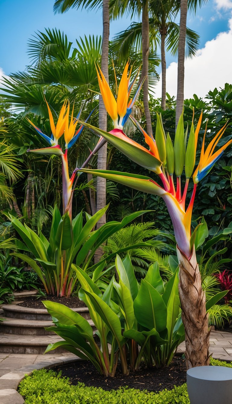 A lush tropical garden with vibrant Bird of Paradise plants and exotic landscaping features