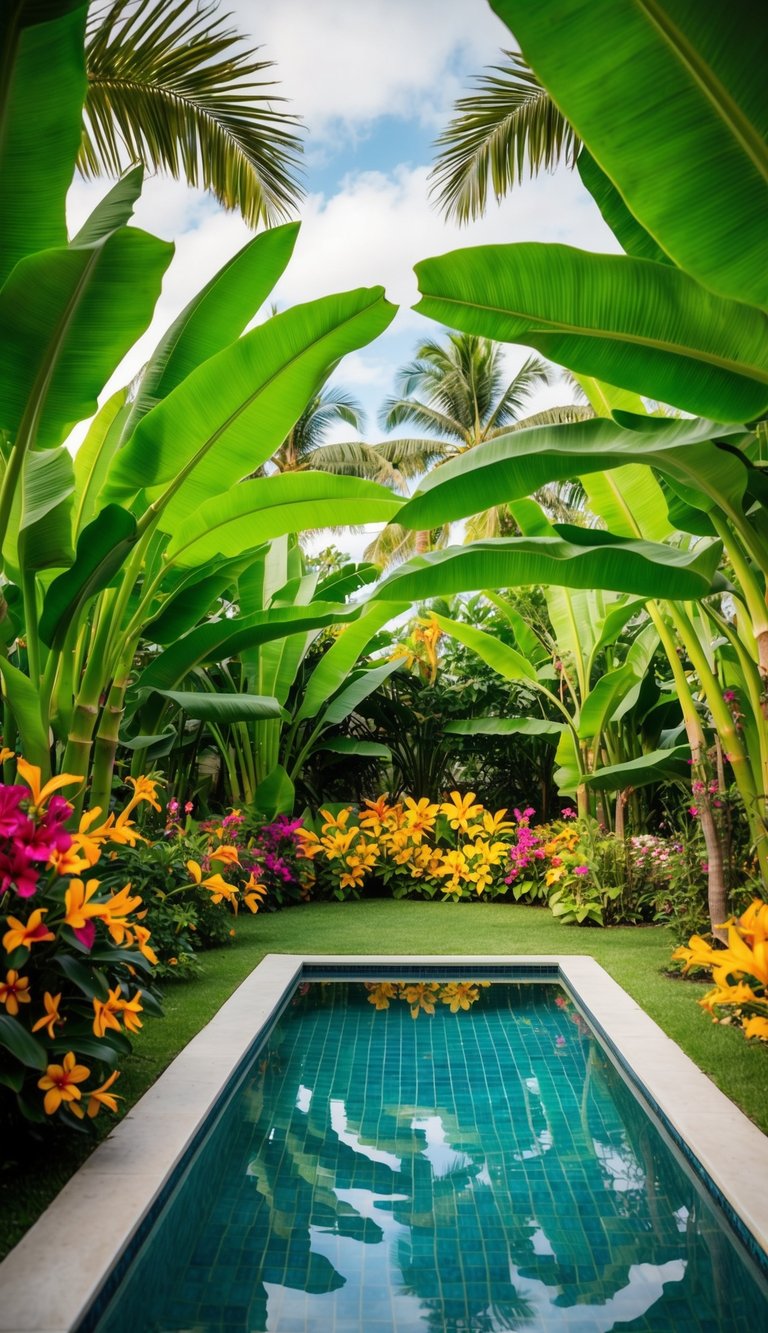 Lush green banana leaves surround a tranquil pool with colorful flowers and exotic palms, creating a tropical paradise