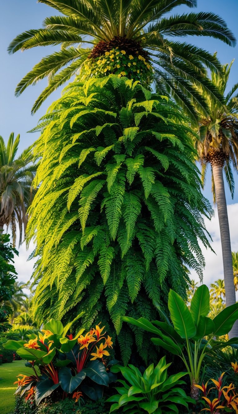 Lush green ferns cascade from towering palm trees, creating a vibrant tropical oasis. A colorful array of exotic flowers and foliage adds depth and texture to the landscape