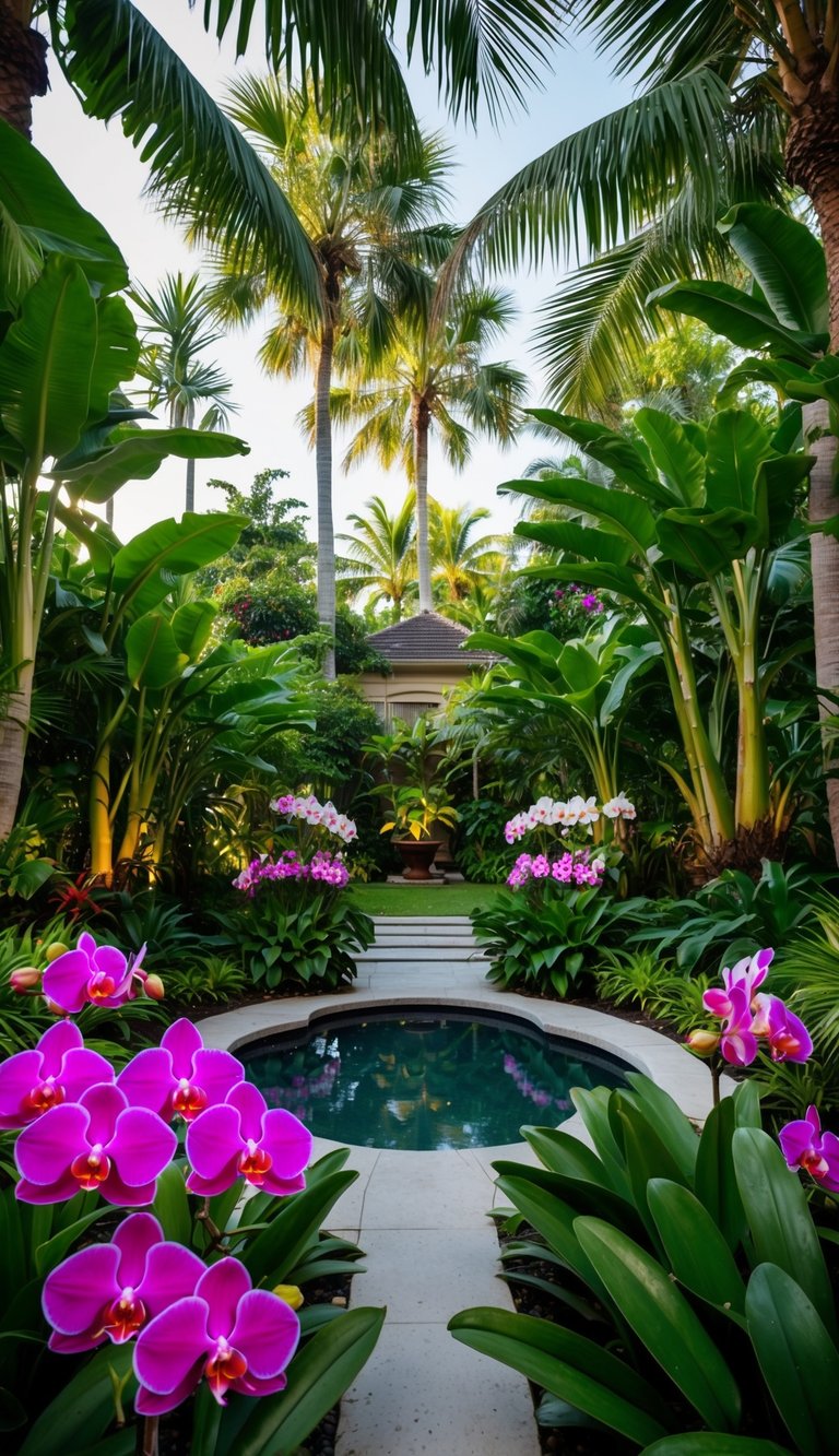 A lush tropical garden with vibrant orchids, palm trees, and exotic foliage surrounding a serene oasis