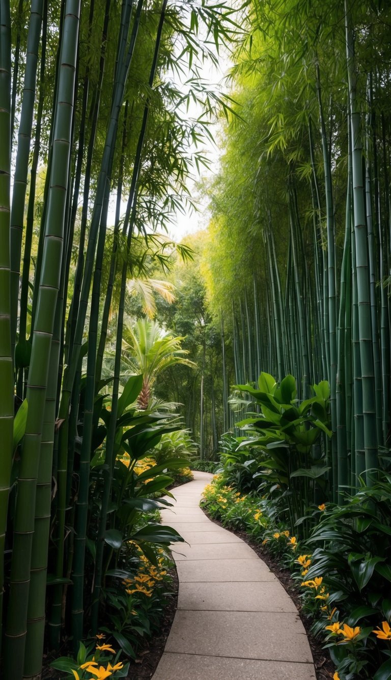 A serene bamboo grove surrounded by lush tropical plants and flowers, with a winding path leading through the peaceful landscape